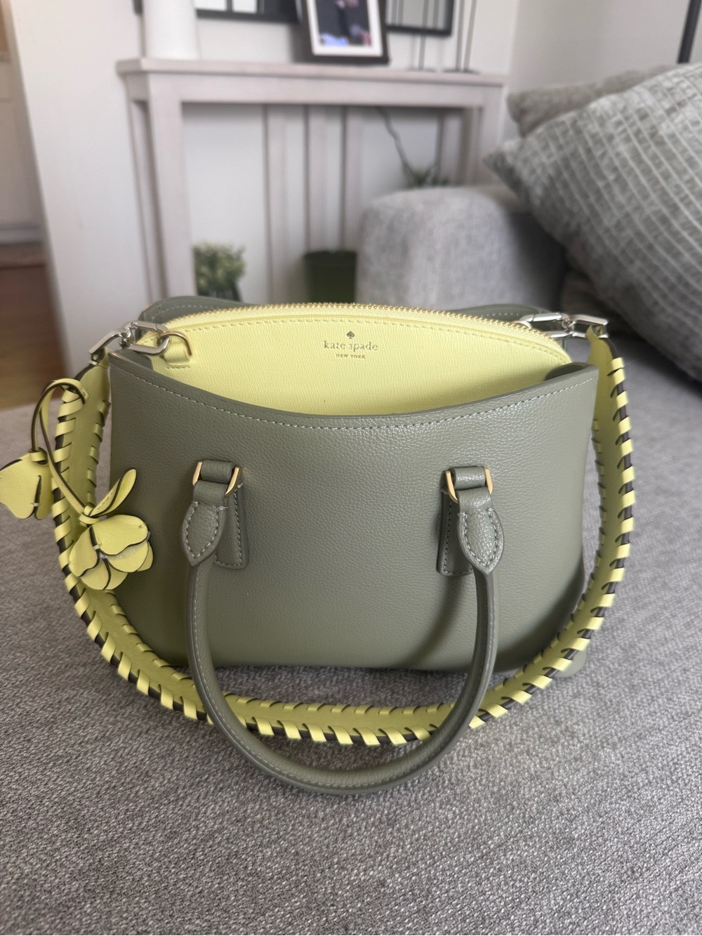 kate spade Olive Green & Lemon Yellow Leather Satchel with Floral Charm